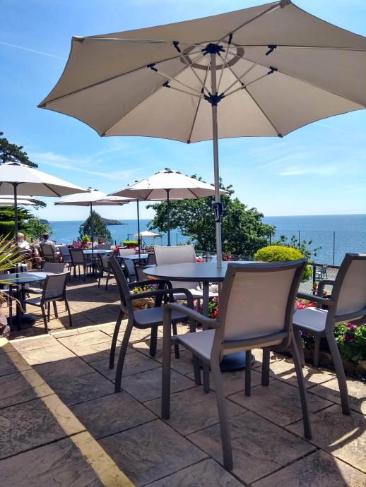 outside bottom terrace at the Osborne Hotel, Torquay in the sun