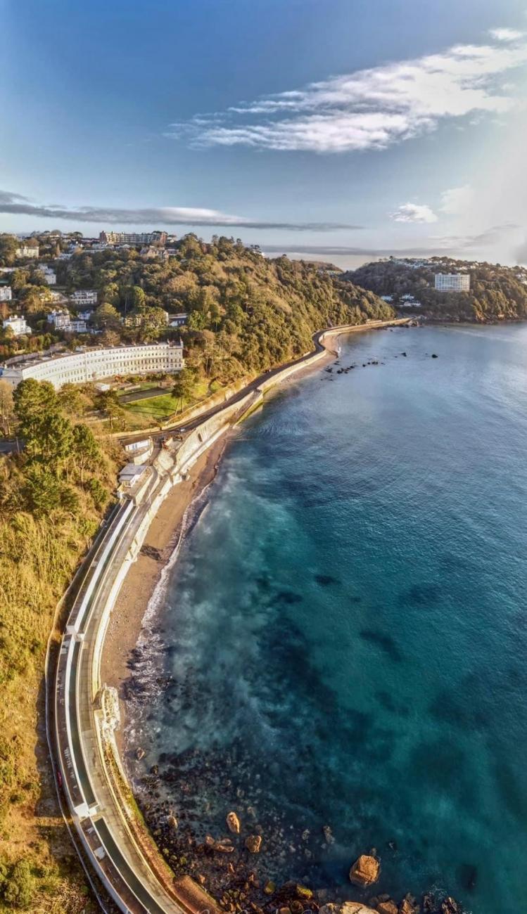 Aeriel shot of Meadfoot Beach and the Osborne Hotel, Torquay