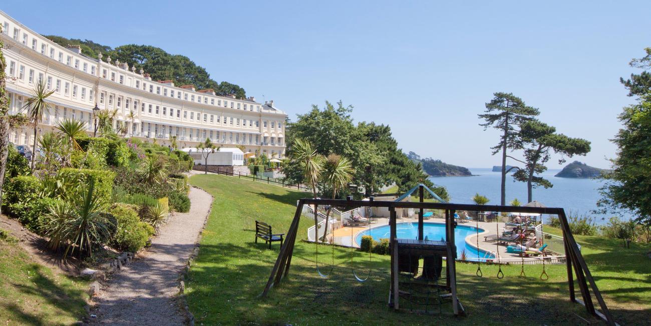 Front of the Osborne Hotel, Torquay showing the outdoor swimming pool