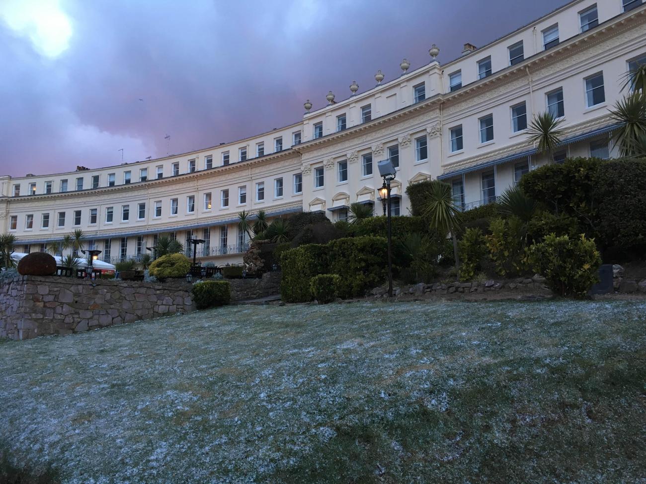 Exterior of the Osborne Hotel, Torquay with snow