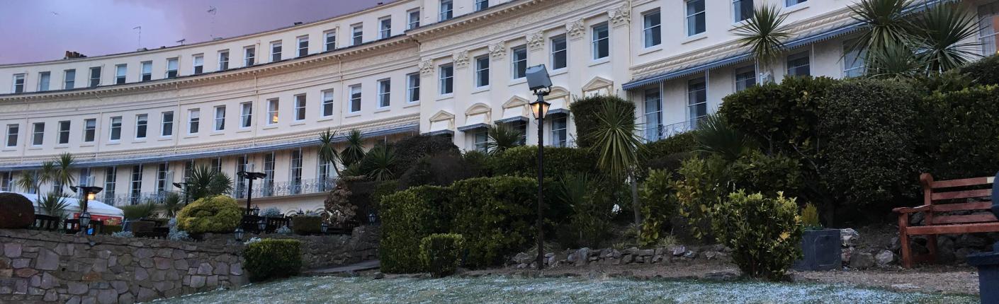 Outside of the hotel, showing the crescent in the snow