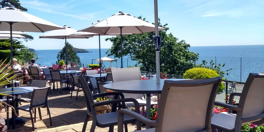outside bottom terrace at the Osborne Hotel, Torquay in the sun